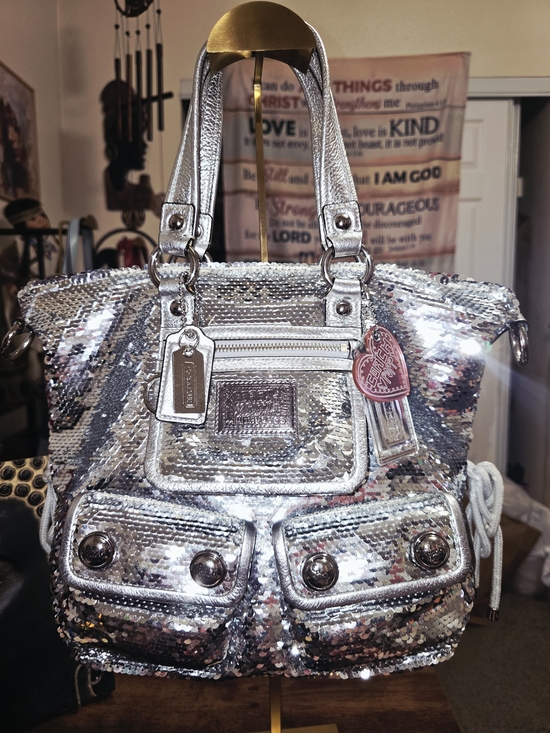 Coach Handbags - Coach Poppy Silver Sequin Spotlight Tote Bag